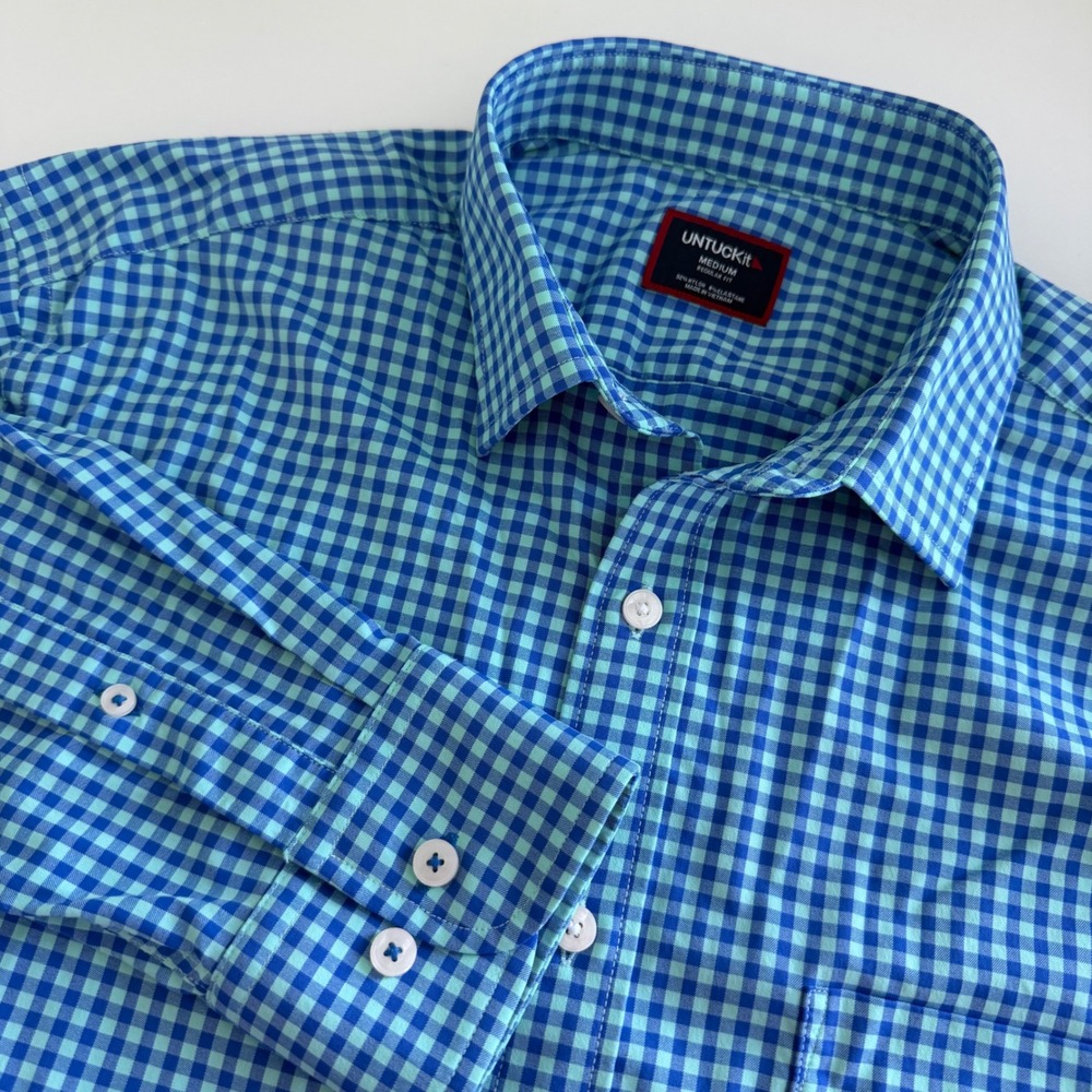 UNTUCKit Quinby Aqua Blue Gingham Performance Shirt Regular Fit Medium 42101